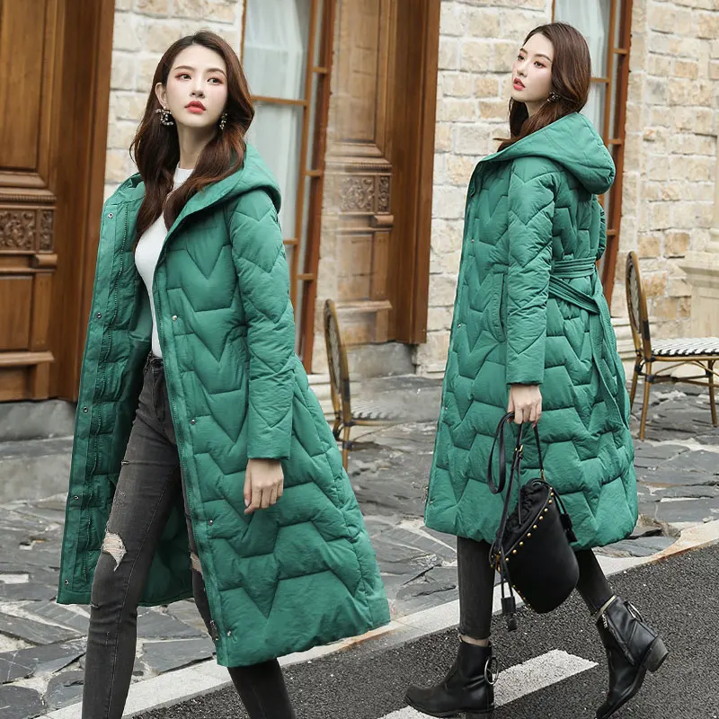 Высококачественный осенне-зимний жакет, женский пиджак, Длинная зимняя куртка с капюшоном, женские парки, зимняя куртка s и пальто с поясом - Цвет: Зеленый
