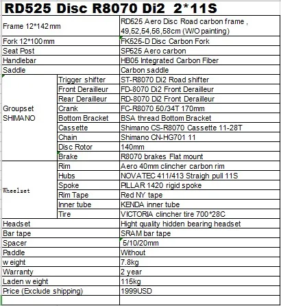 RD525 Aero Disc Road carbon frame road bike complete R8050 Di2  2*11S 49,52,54,56,58cm OEM products carbon frame full bicycle