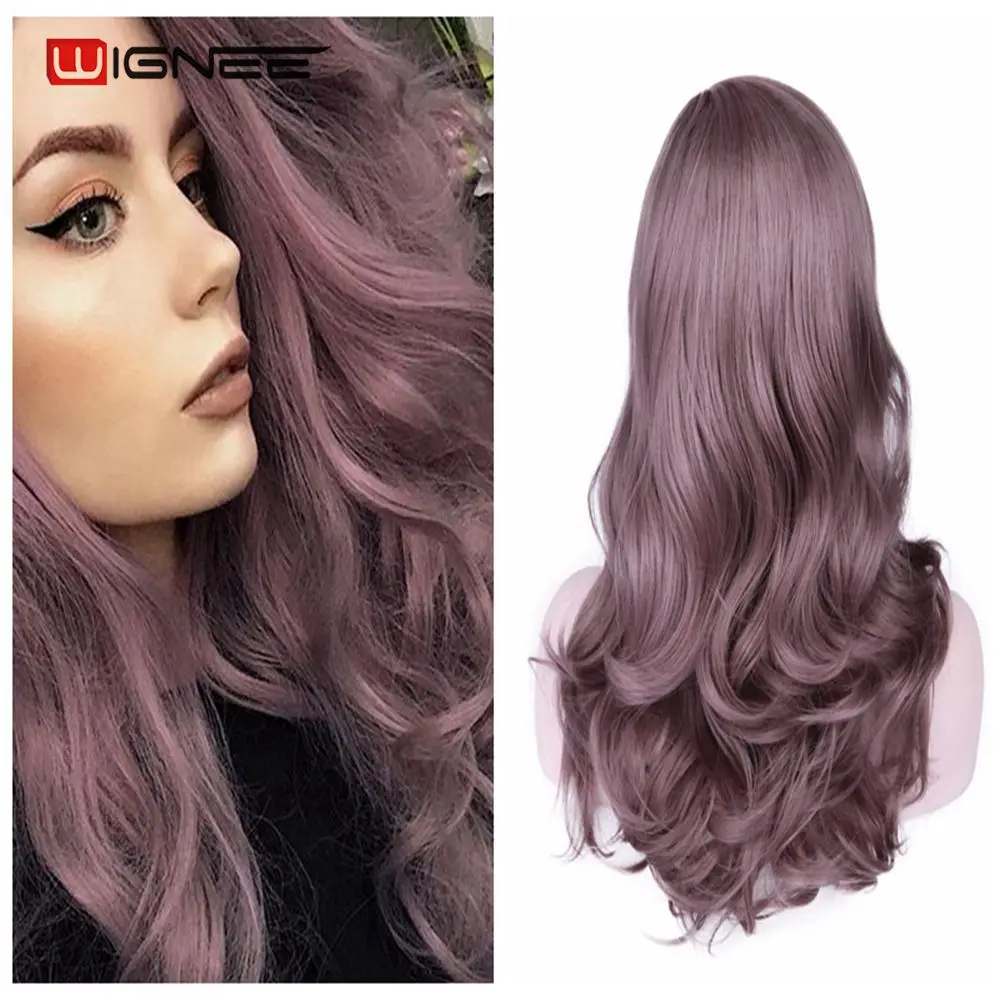 

Wignee Long Wavy Purple Synthetic Wigs Side Part For Black/White Women Glueless Hair With Bangs Daily/Cosplay Fiber Hair Wigs