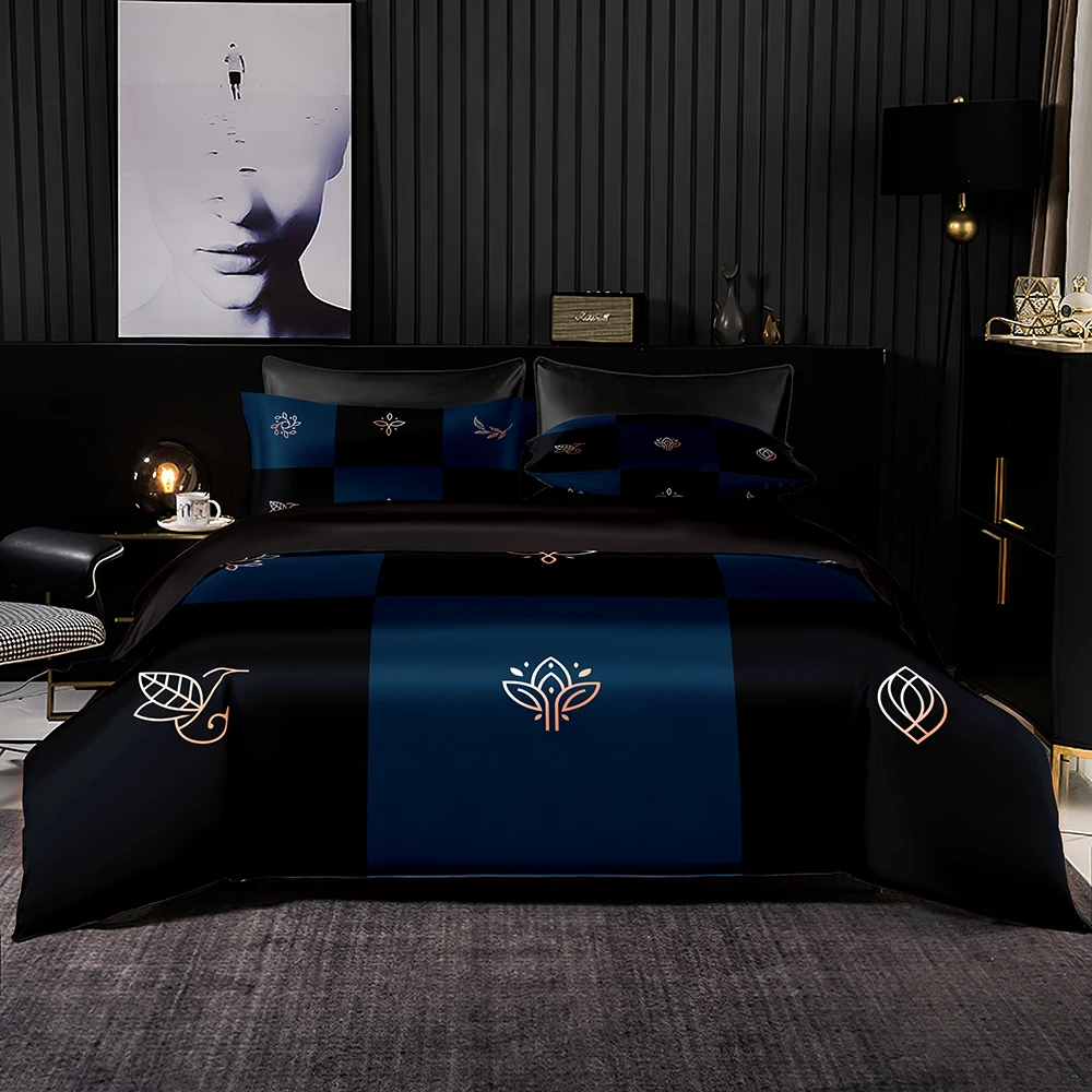 Premium Bedding Set Chinoiserie Blue Duvet Cover Set With Pillowcase Golden Leaf Flowers Pattern