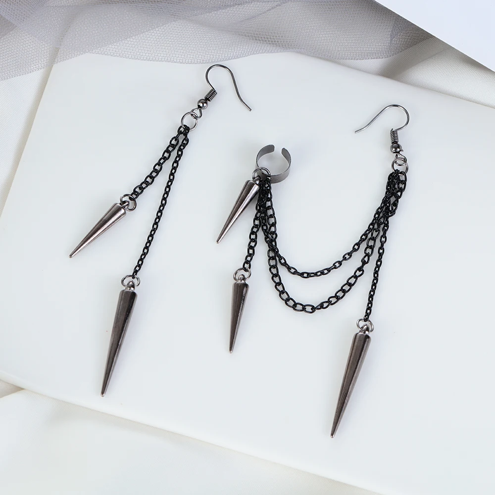 1 Pair Retro Black Tassel Chain Long Earrings Punk Ear Clip Gothic Rivet Ear Stud For Men Women Party Jewelry Pendientes Gifts