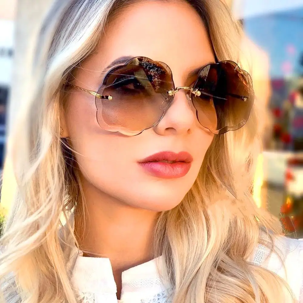Luxury Brand Round Rimless Sunglasses Woman Fashion Retro Metal Frame Oversized