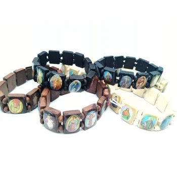 

Men and Women Fashion Amulet Jewelry Religious Style Wooden Icon Elastic Rosary Elastic Bracelet