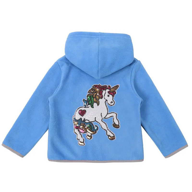 Флисовая Куртка с капюшоном для мальчиков; пальто с единорогом; зимняя толстовка на молнии с блестками; верхняя одежда; Повседневная теплая одежда для маленьких девочек - Цвет: aqua blue 01