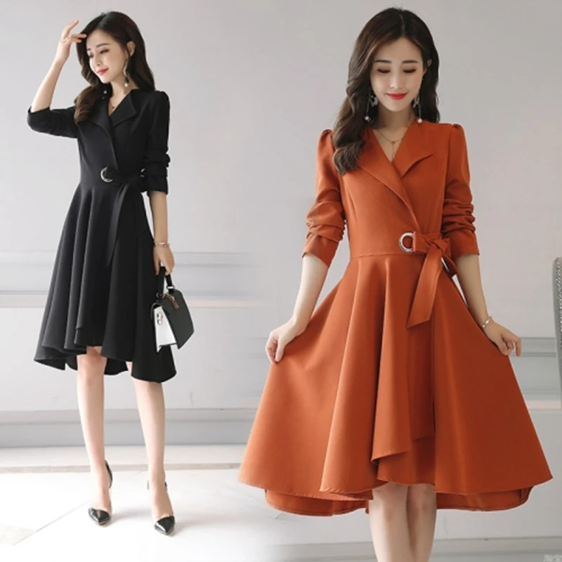 

Plus size fashion Party dress women autumn winter long-sleeved windbreaker dress ladies V-neck midi bandage tunic dress Female