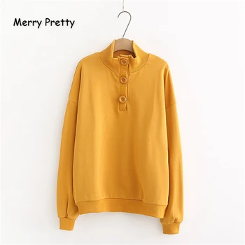

Merry Pretty Women's Solid Turtleneck Hoodies Sweatshirts 2019 Winter Long Sleeve Tracksuit With Button Femme Loose Pullovers