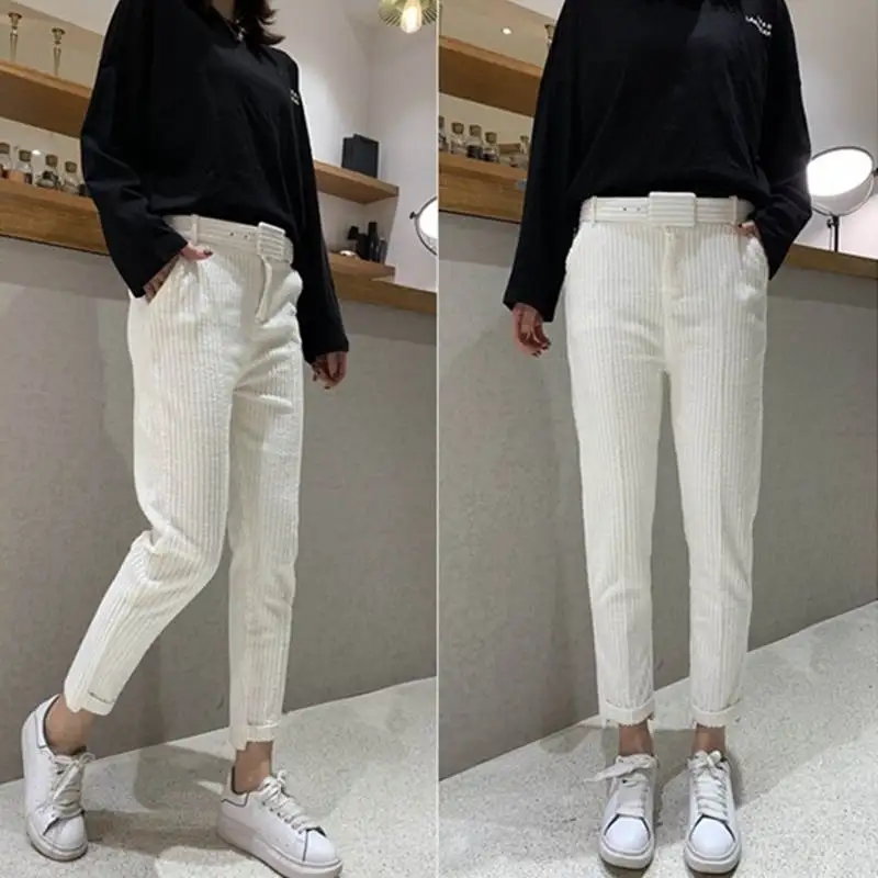 white pants Новые вельветовые штаны-шаровары для женщин с поясом Белый хаки осень-зима брюки для женщин высокое качество повседневные вельветовые брюки для женщин C6012 - Цвет: white pants