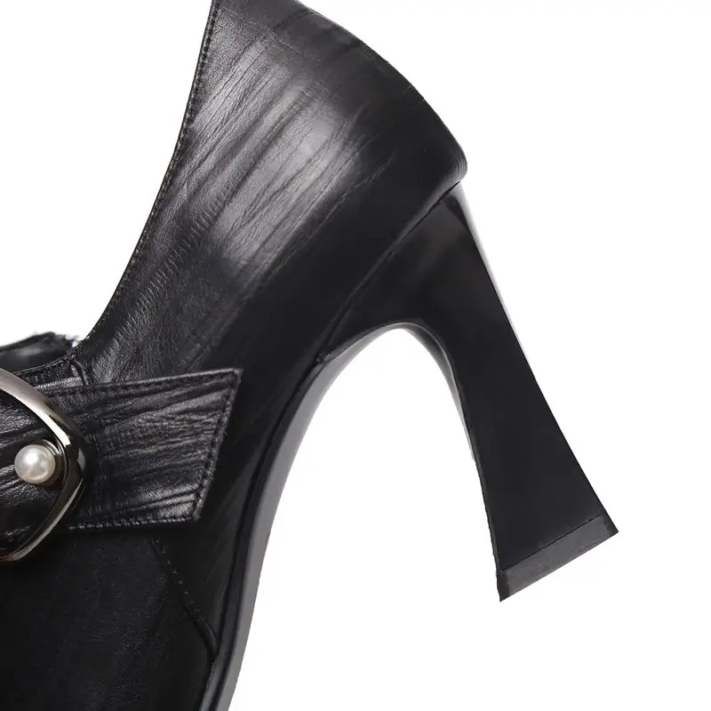 ALLBITEFO natural genuine leather buckle square toe high heels leisure girl high thick heel shoes hot sale women platform shoes