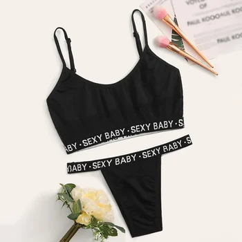 

2 Pcs Set Sexy Women's Black Letter Printed Bra Wrap Underwear Set Pajamas Sexy Lingerie Bra + Tongs Suit