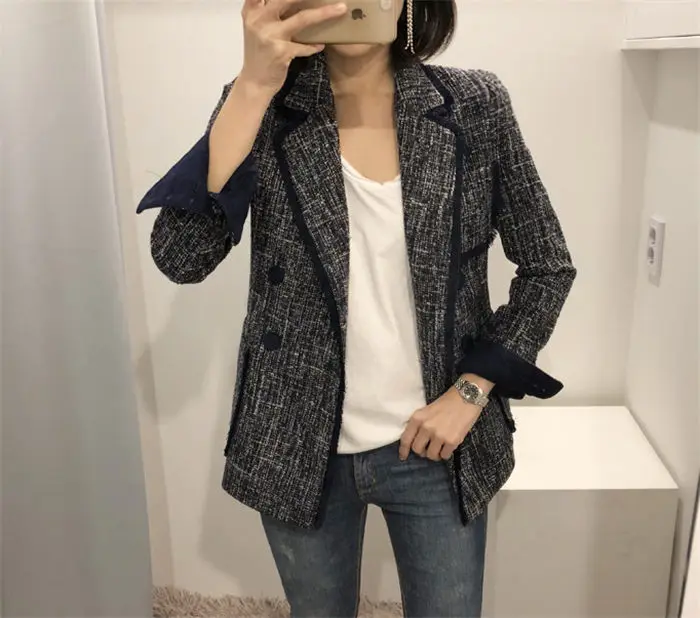 gray tweed Двубортный костюм пальто женские блейзеры и куртки Повседневный шикарный британский стиль лоскутное твидовый Блейзер Feminino Casaco f1467 - Цвет: gray tweed