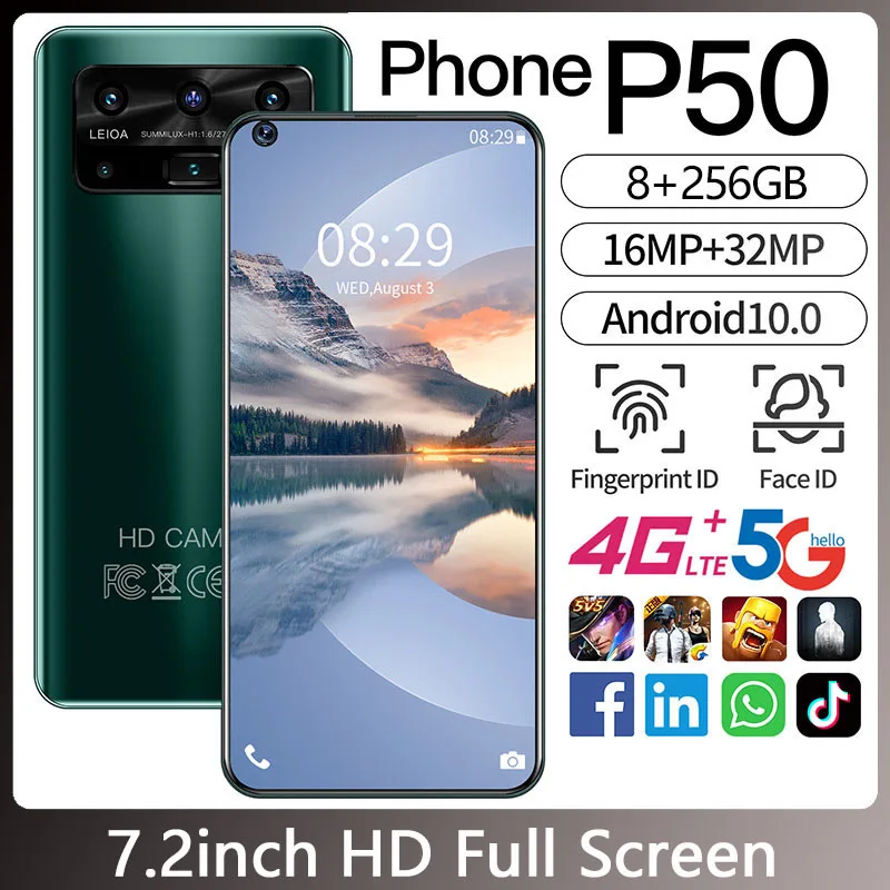 Galxy P50 7.2 Inch Smartphone 8/12+256G Mobile Phone Android 10 16+32MP Face Fingerprint ID LargeHD Screen Dual Card Five Camera