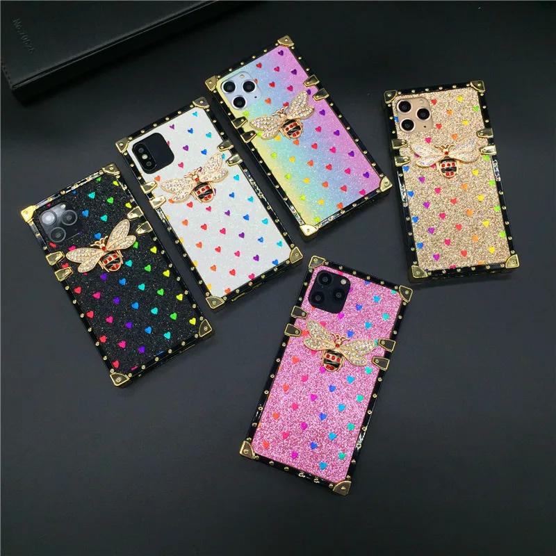 Роскошный квадратный чехол для iPhone 12 PRO X XS Max XR Модный Блестящий с сердечком и