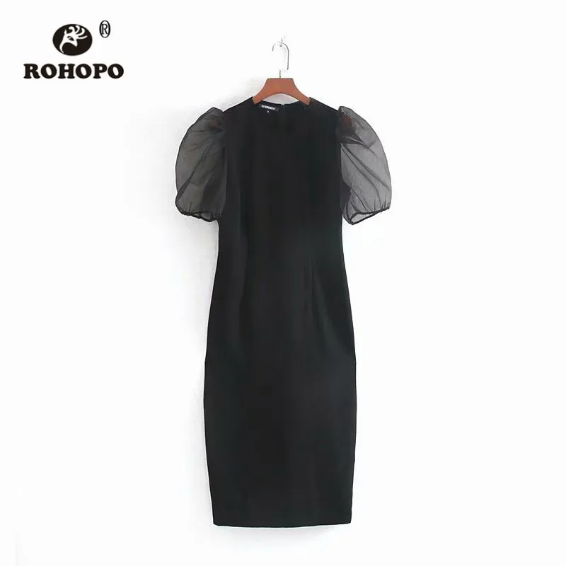 ROHOPO Tulle Puff рукав круглый воротник назад подол скольжения Bodycon черное женское