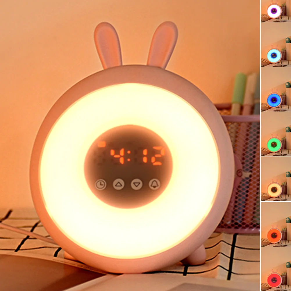 Snooze Gift Bedside Colorful LED Cartoon Cute Touch Button ABS Student Sunrise Simulation Wake Up Light Rabbit Alarm Clock