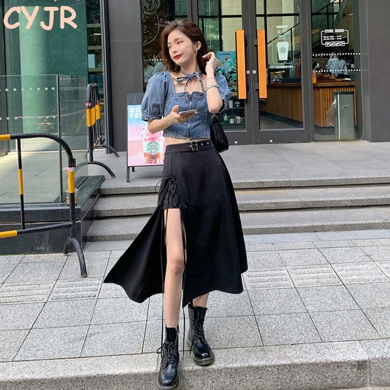 2個セット女性の夏ゴシック黒スカート韓国不規則なy2kスカート クロップトップファッションスーツセクシーなストリートセットシックなニュース ドレス Aliexpress
