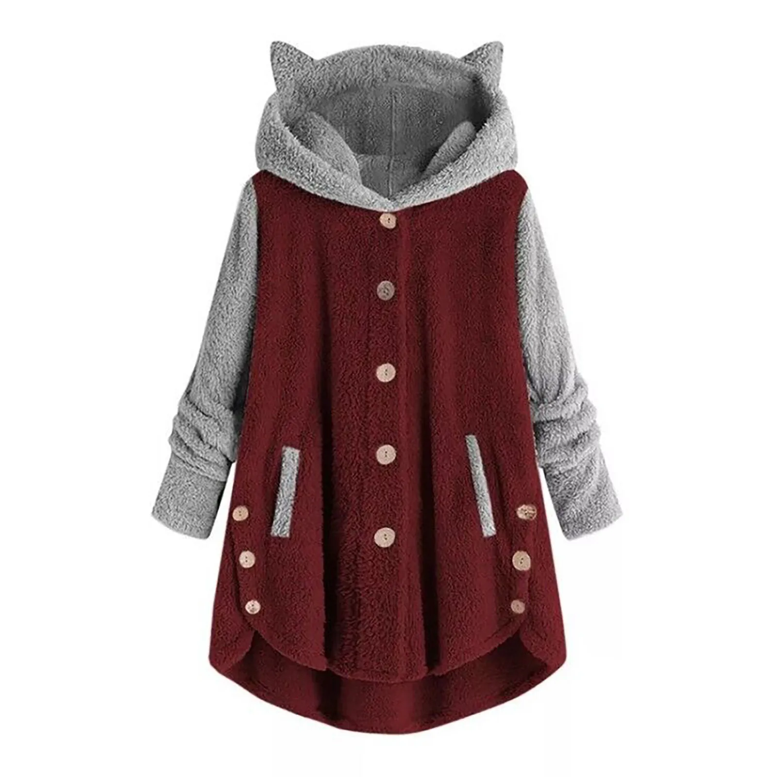 Winter Women Hooded Cat Ear Plush Top Lovely Irregular Color Matching Sleepwear Casual Girls Cute Homewear Plus Size femme 1