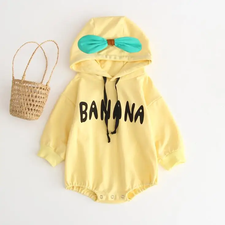 Autumn Winter Baby Girl Hoody Bodysuit ROMPER Newborn Outfits Fruit One Piece Thickening Sweatershirt Apple Orange Banana - Color: Yellow