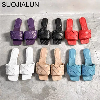 

SUOJIALUN 2020 New Brand Slippers Weave Leather Women Sandal Open Toe Flat Casual Slides Summer Outdoor Beach Female Flip Flops