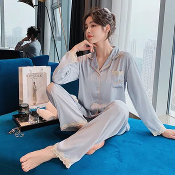 

Wmyqdlq Pajamas Women's Spring And Autumn New Products Ice Silk Thin Lace Long-Sleeved Trousers Two-Piece Home Service