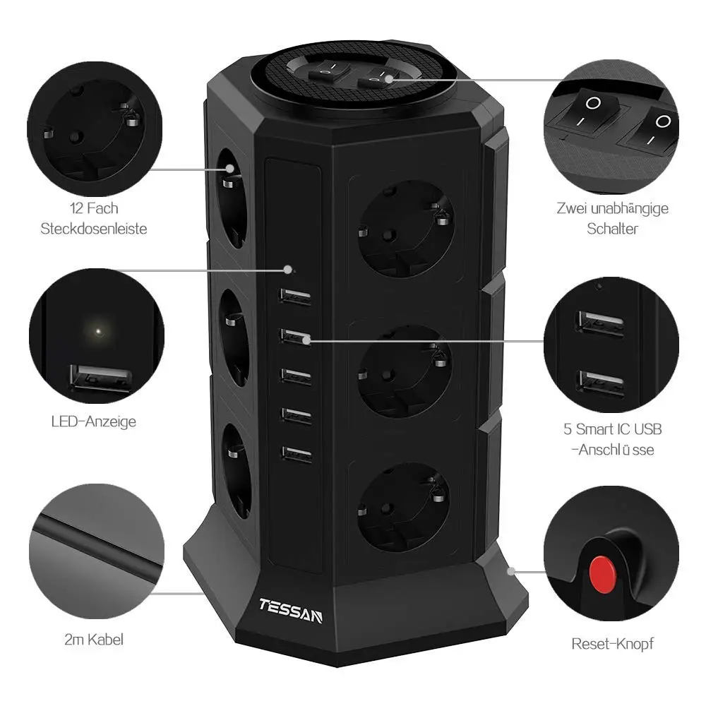 TESSAN 12-Way Socket Strip (2500W / 10A) 5 USB Ports, Multiple Sockets with Switch Overload Protection for Home Office, 2m cable