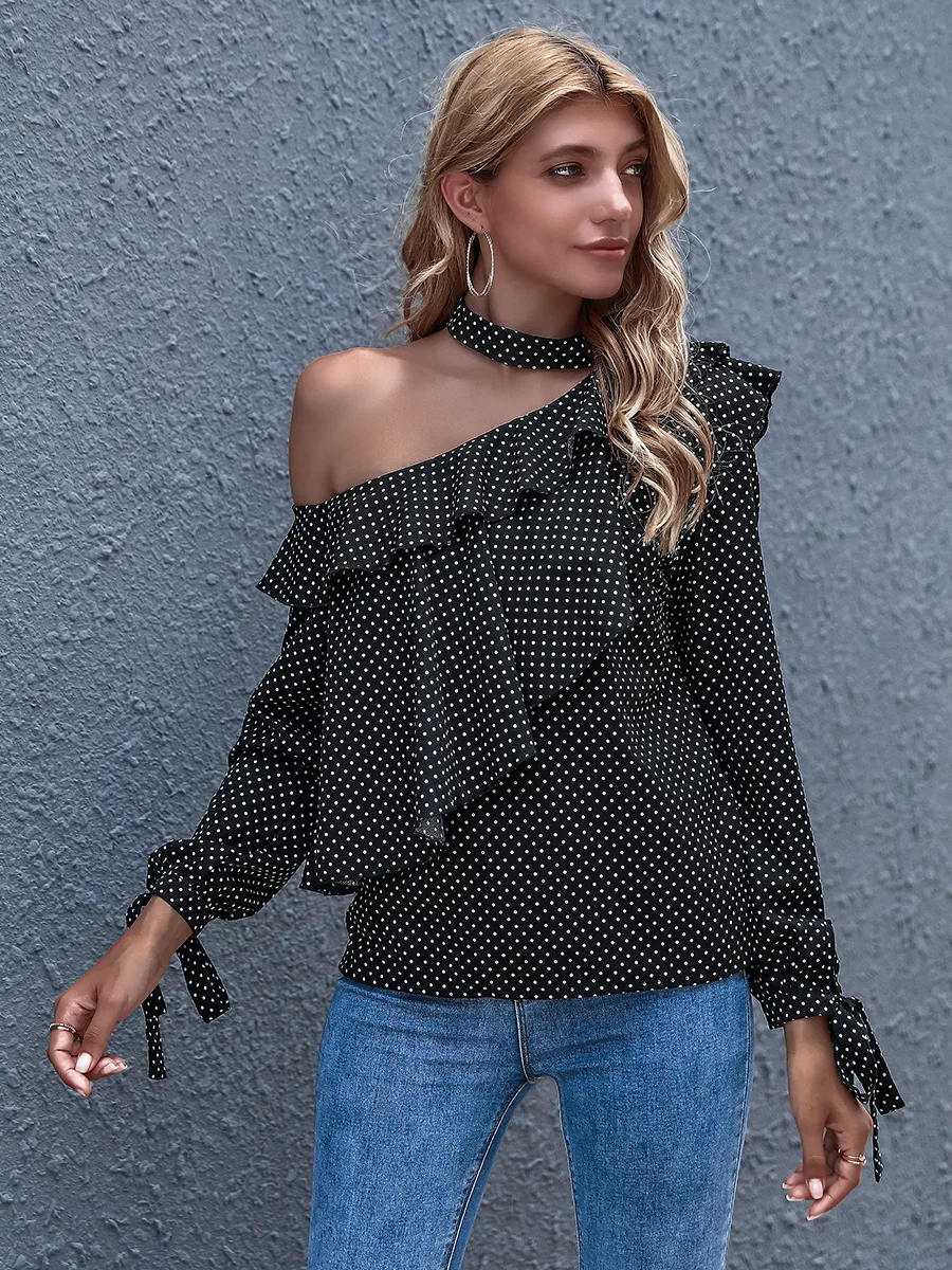 

Fashion Women's Clothes Sexy Off Shoulder Chiffon Long Sleeve Blouse Casual Print Tops Loose