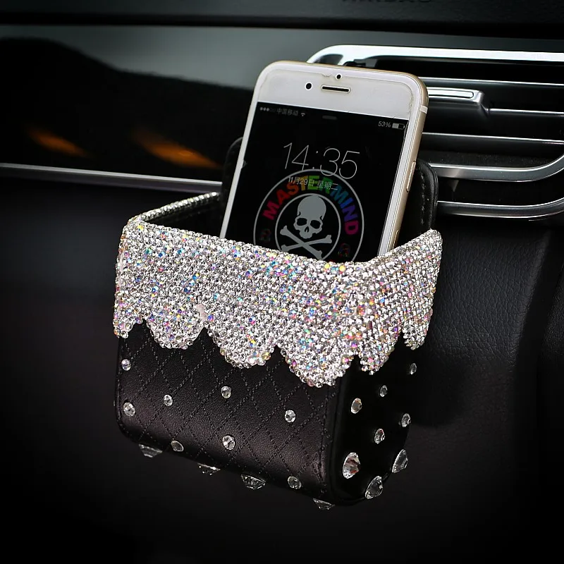

Diamond Crystal Car Organizer Bag Hanging Air Vent Car Trash Box Leather Rhinestones Phone Bag Holder Pouch Car Accessories