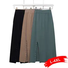 Женские вязаные юбки больших размеров с пуговицами и разрезом, 3Xl 4Xl, юбки средней длины с высокой эластичной талией, осенняя юбка-пачка миди