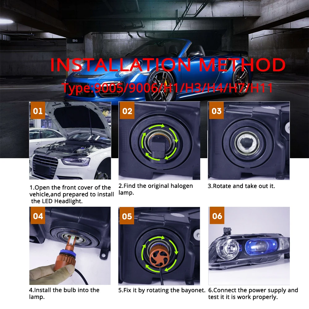 Hviero Car Headlight Fog Light C6 H1 H3 H4 H7 H11 HB3 9005 HB4 9006 COB IP67 WaterProof 72W Auto Front Drl Bulb Automobile Headlamp