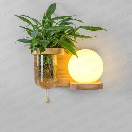Nordic minimalist interior with switch green plant solid wood aisle decorative balcony bedside lamp E27 wall lamp - Цвет абажура: C With switch