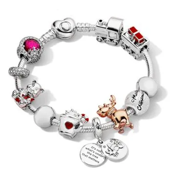 

100% 925 Sterling Silver Winter Bracelet Set Merry Christmas Charm Dazzling Snowflake Charm ROSE REINDEER BEAR Train