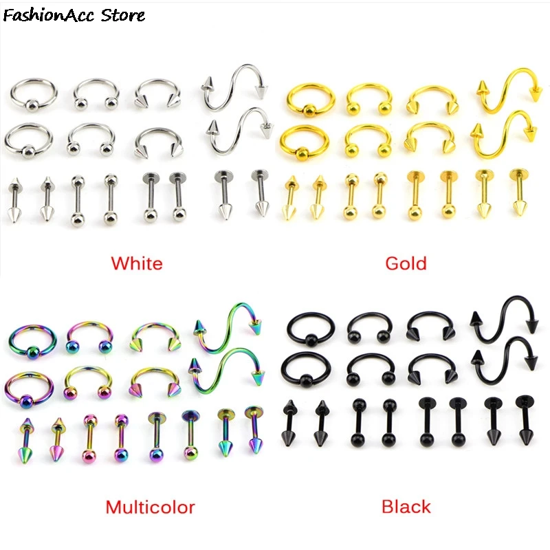 Fashion Piercing Set Eyebrow Bar Lip Nose Pircing Stainless Steel Ear Studs Stainless Steel Mixed Body Jewelry 8PCS/Set