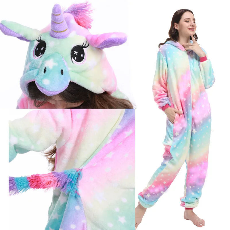 Кигуруми Onesie для женщин пижамы взрослых животных единорог пижамы мальчиков девочек мультфильм пижамы зимние теплые фланелевые пижамы с капюшоном - Цвет: starry sky