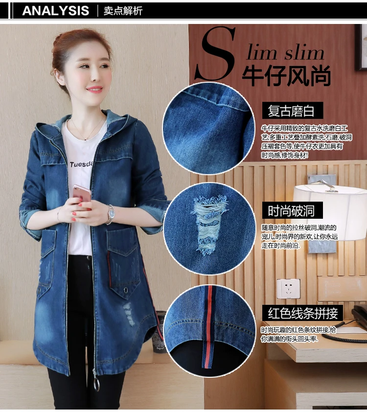 Jeans Coat Women's Mid-length Spring And Autumn New Style Korean-style Loose-Fit Versatile Students Long Sleeve Hooded Tren
