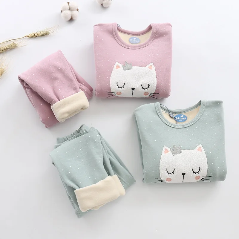 

Girls Winter Brushed And Thick Warm Cotton-padded Clothes Set Children Super Soft Double Layer Thermal Underwear Pullover Two-Pi
