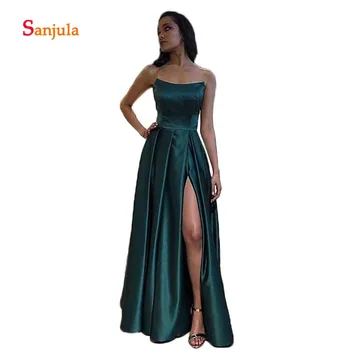 

Leg Slit Long Evening Dresses Dark Green Satin A-Line Evening Gowns 2020 Strpless Simple Women Dinner Dresses abendkleider D1405