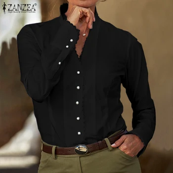 

ZANZEA Stylish Women V Neck Long Sleeve Tops Casual Lace Ruffles OL Blouse Spring Shirts Buttons Down Blusas Femme Robe Chemise7
