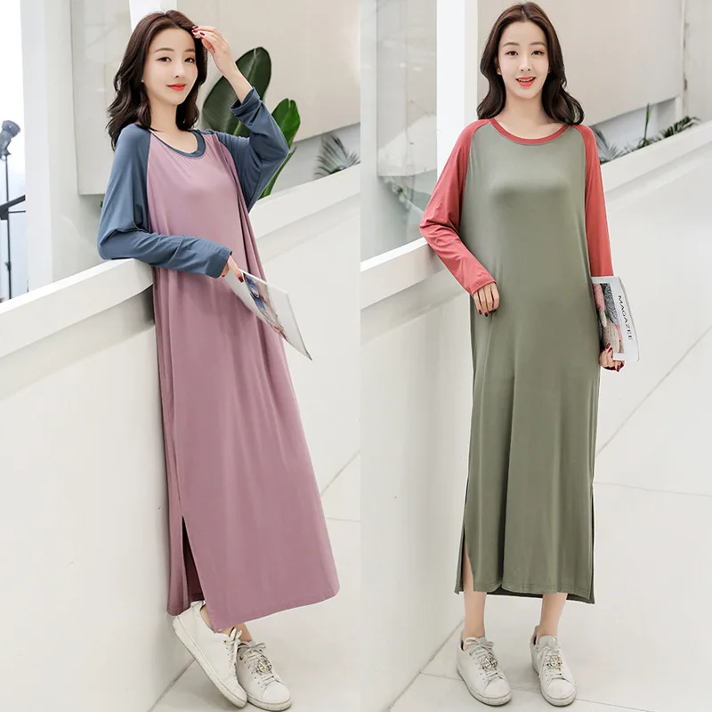 

New 2020 Pajamas Nightgown Dress Korean Loose Spring Summer Modal Mixed Colors Women Long-sleeved Thin Large Size