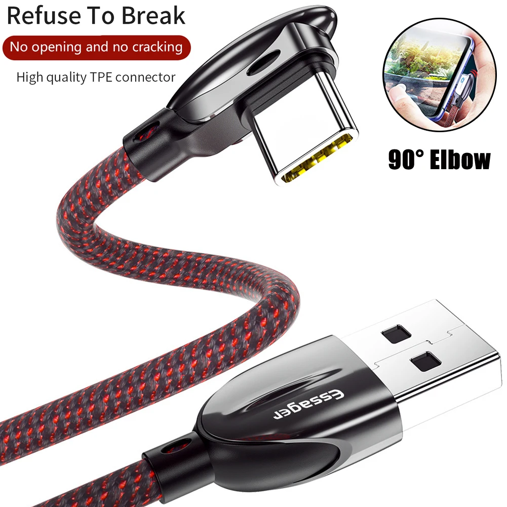 Essager 90 градусов 3A usb type C быстрая Синхронизация данных зарядный кабель плетеный+ головка из алюминиевого сплава зарядное устройство кабели для Samsung Xiaomi
