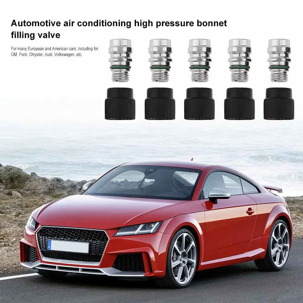 High Side A/C Service Charge Port Ball Valve Cores With Caps Auto Air Conditioner System Repair Accessory For GM VW 5Pcs air conditioning valve core air conditioning charging port caps