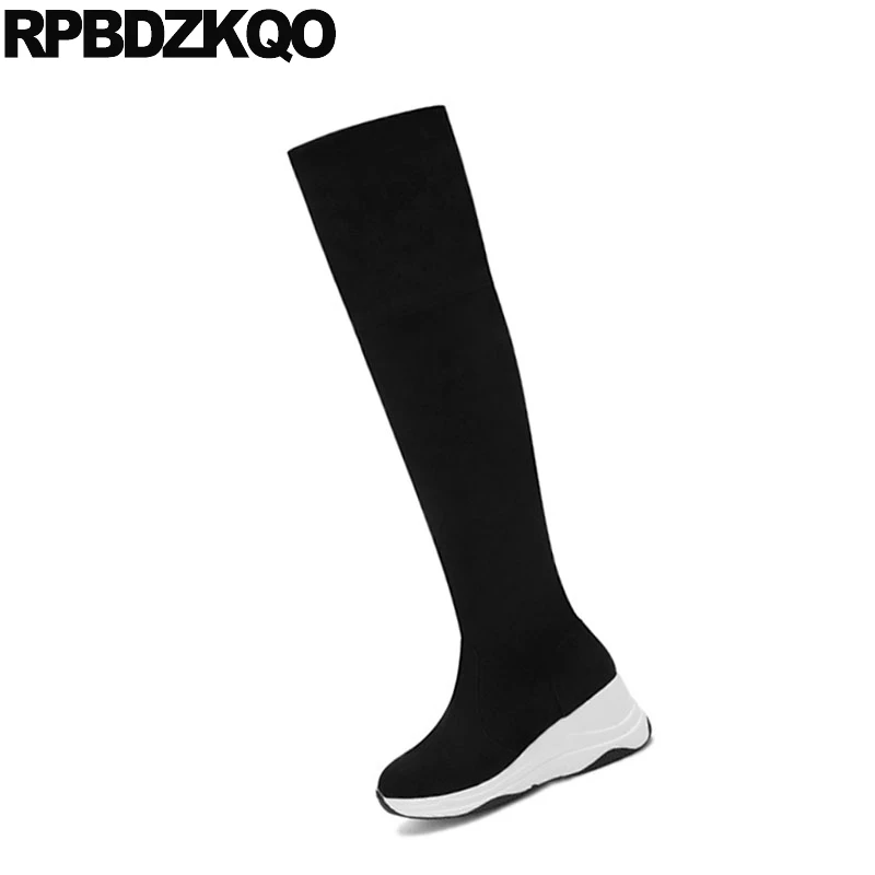 Tall Suede Slim Thigh Women Boots Stretch Wedge Muffin Knee High Black Shoes Over The Platform Elevator Luxury Flatform Long Mid