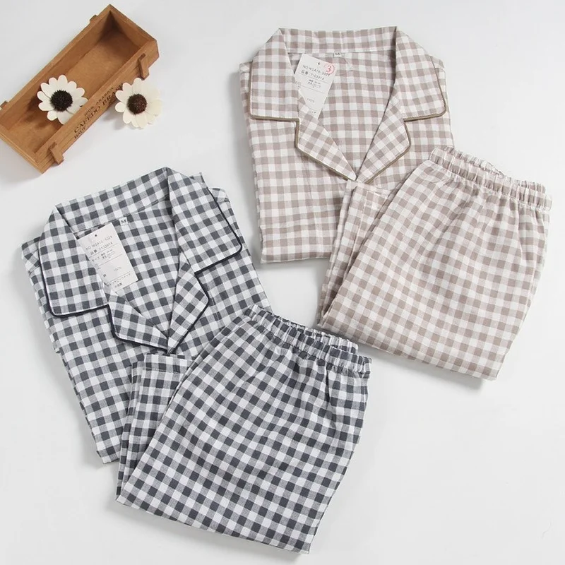 Pajamas set man pajamas set men's short-sleeved summer cotton yarn nightwear plaid turn-down collar men pajama sets plus size