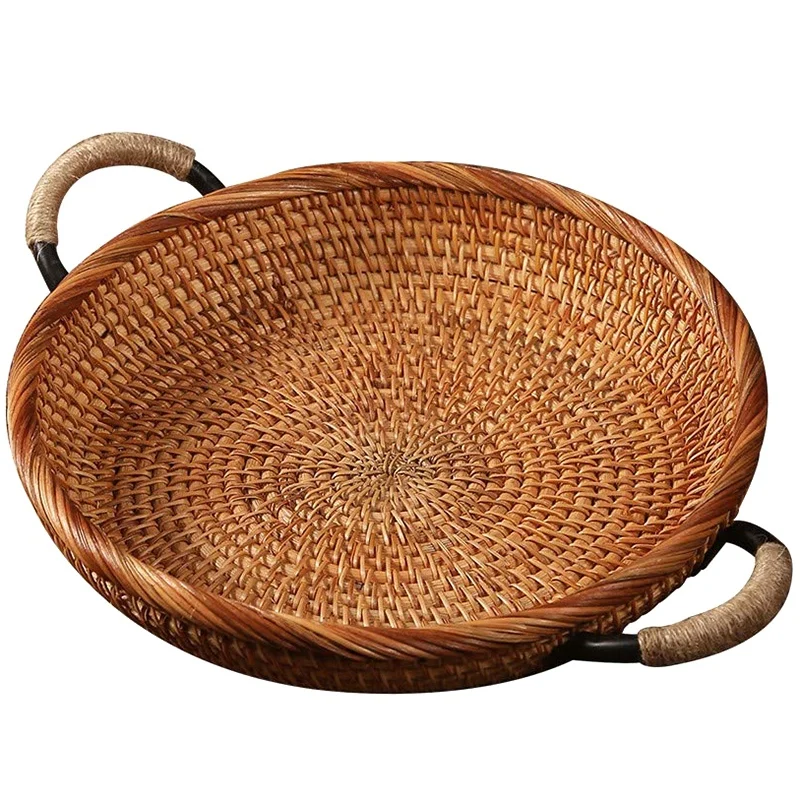 

Rattan Round Bread Basket Vintage Style Woven with Handle Tray Platter Coffee or Dining Table