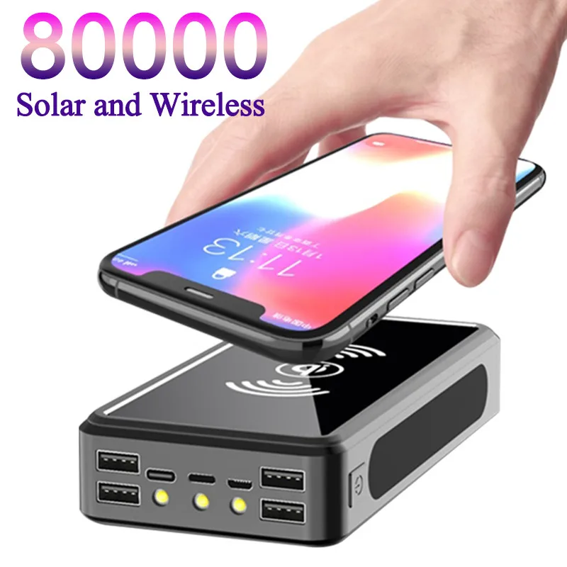 80000mAh Solar Power Bank Wireless 4 USB LED External Battery Phone Charger PoverBank for Xiaomi iPhone 12 Xr Outdoor Powerbank power bank best buy