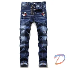 Dsq Jeans de alta calidad, pantalones vaqueros DSQ2 con bordado de pájaro pequeño, ajuste entallado con personalidad