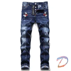 Dsq Jeans de alta calidad, pantalones vaqueros DSQ2 con bordado de pájaro pequeño, ajuste entallado con personalidad