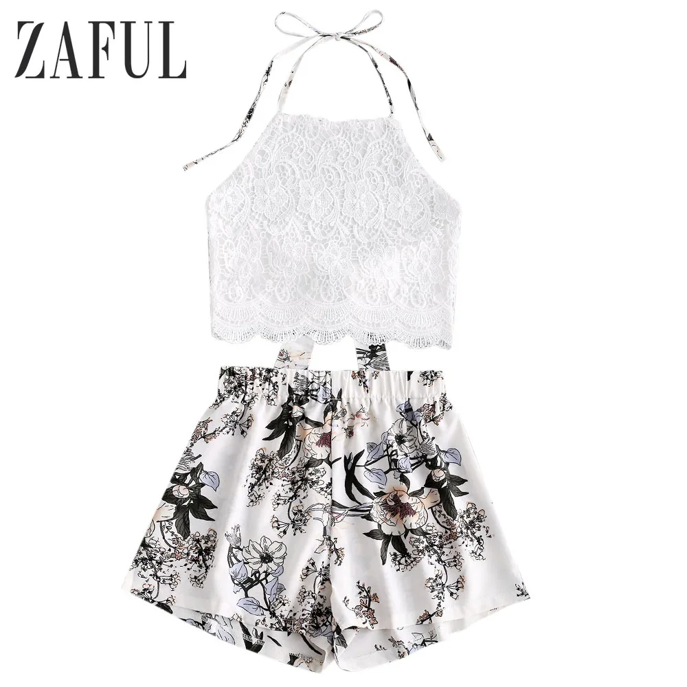 

ZAFUL Lace Panel Floral Wide Leg Two Pieces Suit