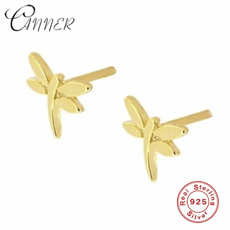CANNER New 925 Sterling Silver Mini Stud Earrings for Women Plant Cactus Leaf Tiny Dot Arrow Small Earring Piercing Jewelry - Окраска металла: Dragonfly