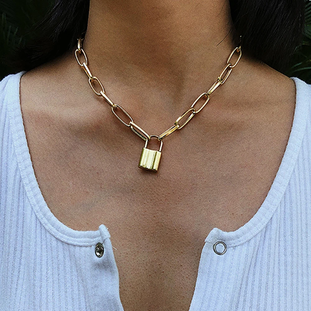 Fashion Punk Lock Necklaces Gold Chain 