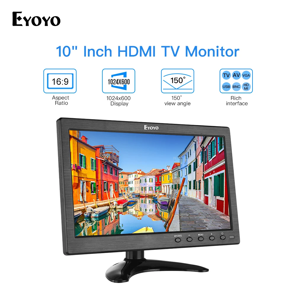 

Eyoyo 10" Small IPS TV HDMI Monitor 1024x600 LCD Screen with VGA AV USB Remote Control Display for DVD PC CCTV Security System