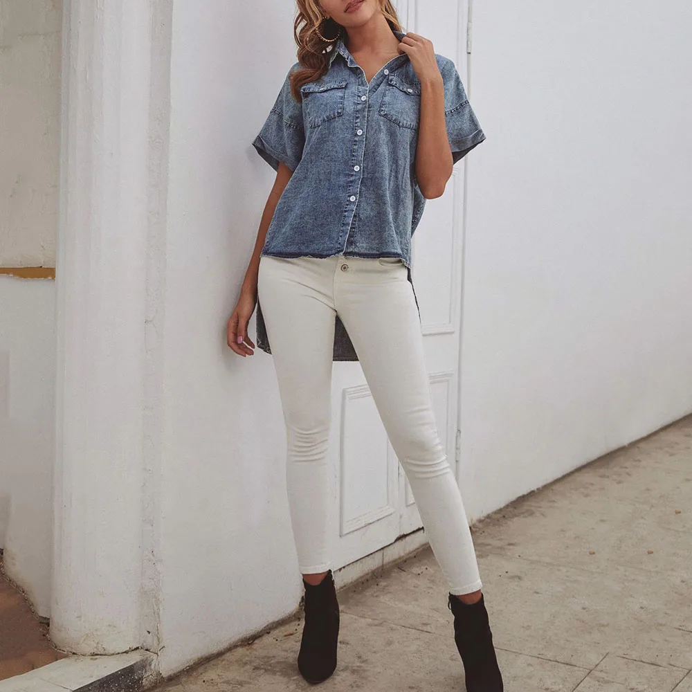Retro Denim Blouse Fashion Pocket Short Sleeve Blouse Irregular Hem Loose Casual High Street Chic Womens Tops Leisure Blouses